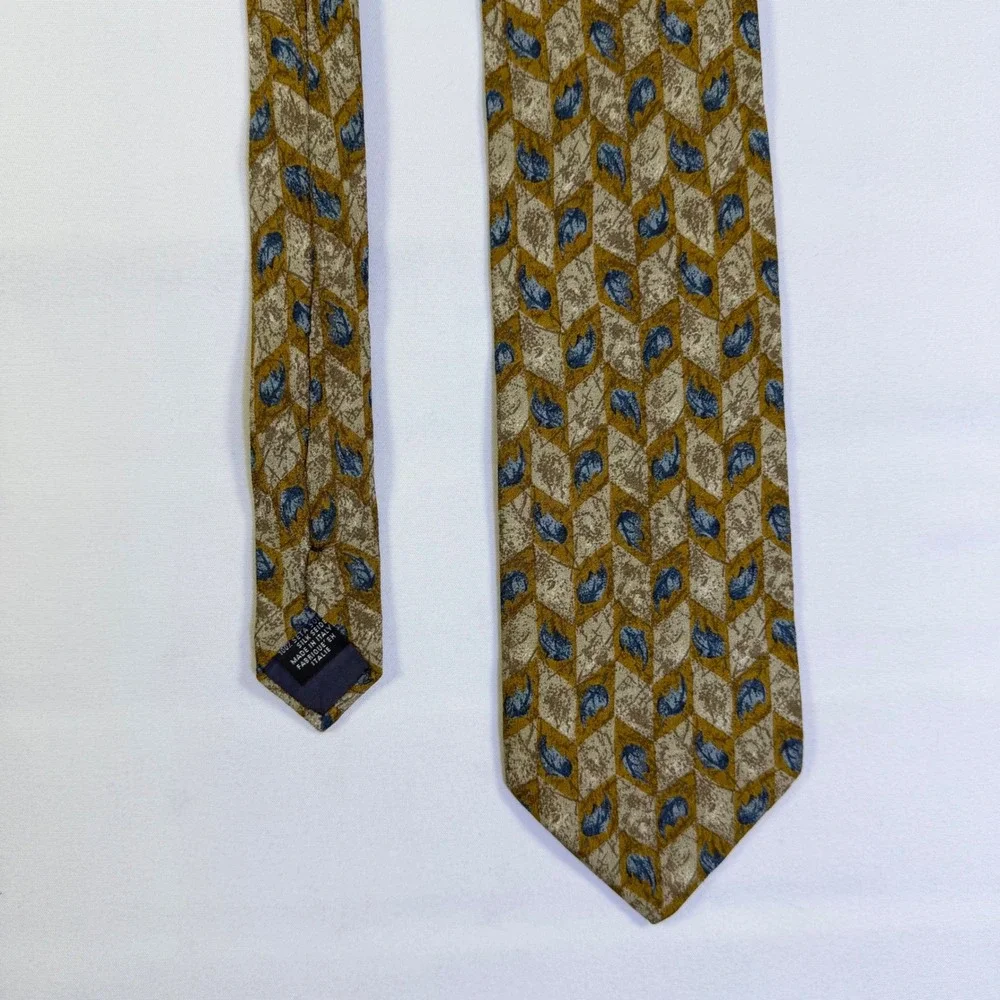 Canali Made in Italy 100% Silk Tie Gold Blue Leaf Geometric Men's Necktie